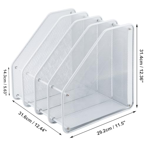 TOROTON Mesh Magazine File Rack Holder, 4 Compartments Metal Mesh Home Office Desk Book Sorter Storage Shelf, for Paper Magazine Documents and Books-White