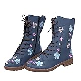 Crzidha Combat Boots for Women Vintage,Classic Side Zipper Lace Up Low Heel Riding Ankle Boots Chic Stylish Floral Embroidered Suede Boots Casual Winter Fall Walking Travel Flat Shoes