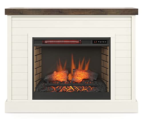 Bridgevine Home Washington Modern Farmhouse Electric Fireplace with Mantel, 48 inches, Poplar and Knotty Alder Solid Wood, Jasmine Whitewash and Barnwood Finish