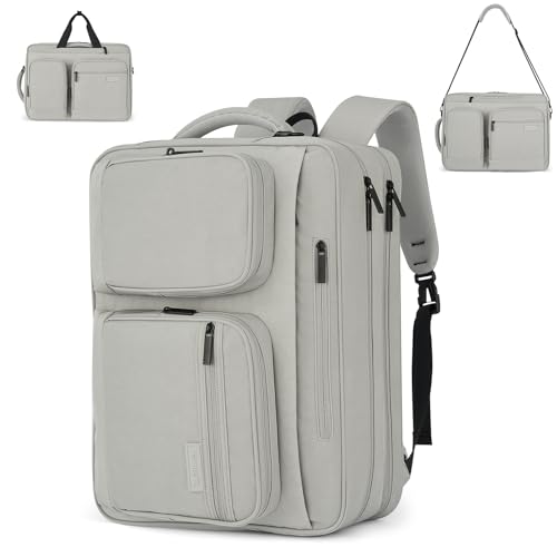 Hanke Convertible Laptop Bag, 3 In 1 Briefcase Backpack for 17.3 Inch Laptop, Computer Work Bag for Men Women, Water Resistant Business Messenger Shoulder Bag for Office Commute Travel, Grey