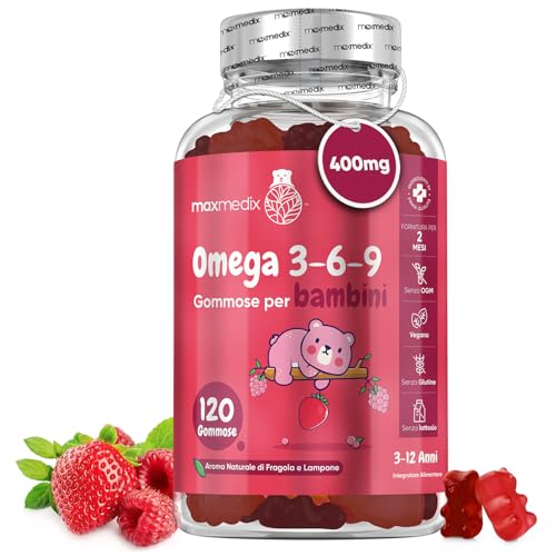 Omega 3 6 9, Olio di Perilla (ALA 60%) 400mg, 120 Gommose (Per 2 Mesi) all' Aroma di Fragola e Lampone, Gommose Omega 3 Bambini, Crescita e Sviluppo, Alternativa Vegana all' Olio di Pesce, Senza OGM