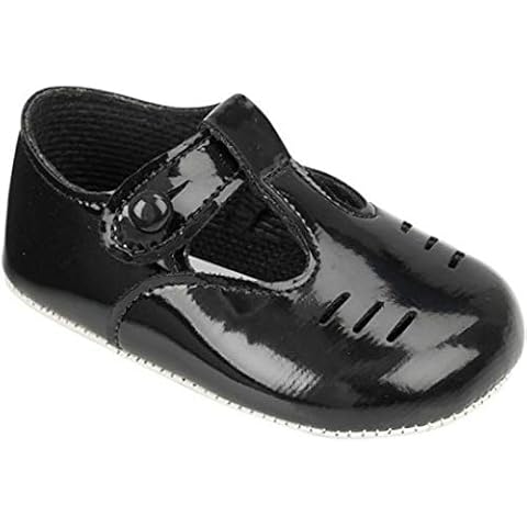 Baby Boys Pram Shoes - Synthetic, Comfortable, Soft Sole, T-Bar, Button Fastening, Special Occasion - Black Patent, EU 17, 3-6 Months Cover