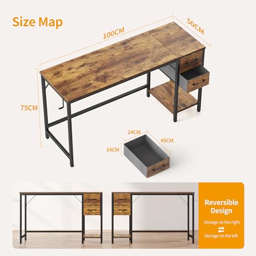 Cubiker Computer Home Office Desk with Drawers, 40 Inch Small Desk Study Writing Table, Modern Simple PC Desk, Brown