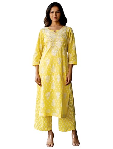 MIRCHI FASHION Women Straight Pure Cotton Thread Chikankari Kurti Set with Palazzo (K9944 - Yellow,White - 2XL)