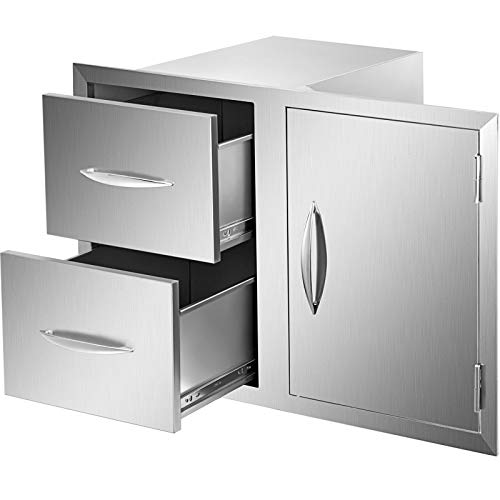 VBENLEM Outdoor Kitchen Drawers Combo 32.5x21.6 Inch Stainless Steel Access Door/Double Drawers with Paper Towel Rack for Outdoor BBQ Island & Kitchen