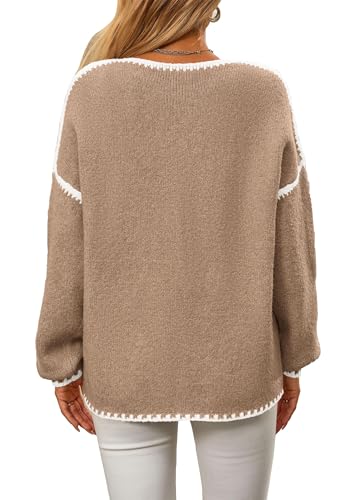 KIRUNDO Womens Sweaters 2026 Fall Oversized Long Sleeve Chunky Knit Crew Neck Contrast Stitching Pullover Winter Clothes(Khaki, Small) — view 2