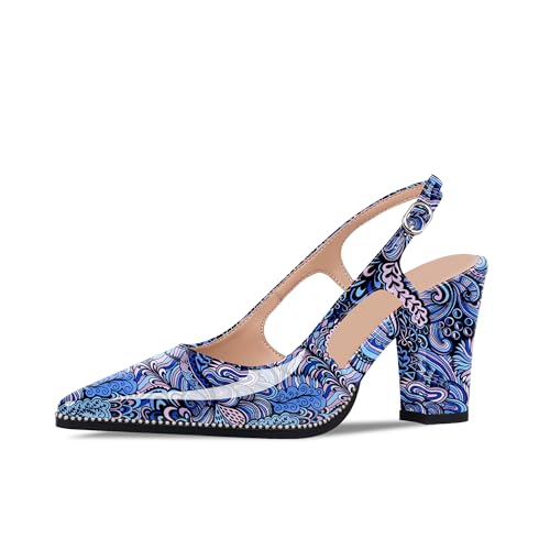 Women's Pointed Toe Block Heel Slingback Pumps Beaded Patent Leather Buckle Strap Slip On Work Party Dress Shoes