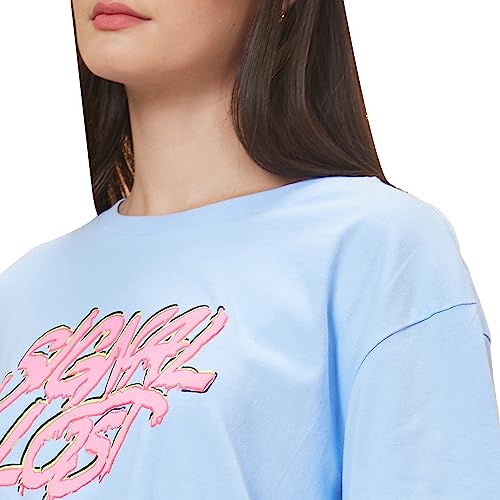 Image of Globus Women Blue Printed Round Neck Casual Boxy Fit T-shirt-3638180001