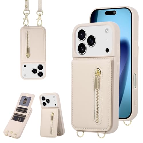 Jcxtrombulous Crossbody Wallet Case for iPhone 17 Pro Max with Lanyard Strap Card Slot Holder RFID Blocking Kickstand,Magnetic Flip Folio Zipper Purse Case, PU Leather Cover Handbag,Beige