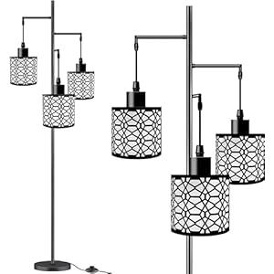 AIGOTEK Dimmable Industrial Floor Lamp with 3-Lights Black Farmhouse Floor Lamps for Living Room, Modern Tall Standing Lamp with Birdcage Shades & Base for Bedroom, Office (①Black)