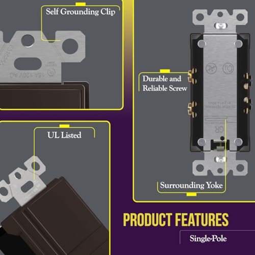ENERLITES Double Paddle Rocker Decorator Switch, Clamp-Type Back Insert Wiring, Copper Wires Only, Single Pole, Residential/Commercial Grade, 15A 120-277VAC, 62834-BR, Brown by ENERLITES - Image 4