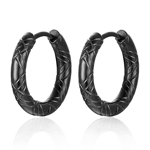 BIYONGDE Minimalist Black Grooved Circle Huggie Hinged Hoop Earrings Stainless Steel Men Women Fashion Cool