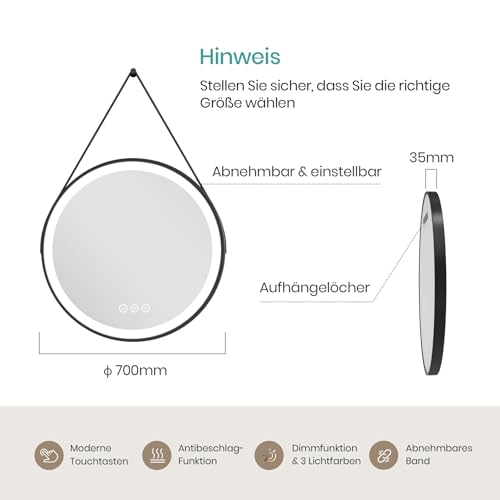 EMKE Schwarzer Runder Badspiegel mit Beleuchtung 70cm, Antibeschlag – Ansicht 7