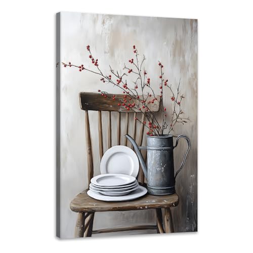JINLUNTA Rustic Farmhouse Canvas Wall Art Vintage Chair with Red