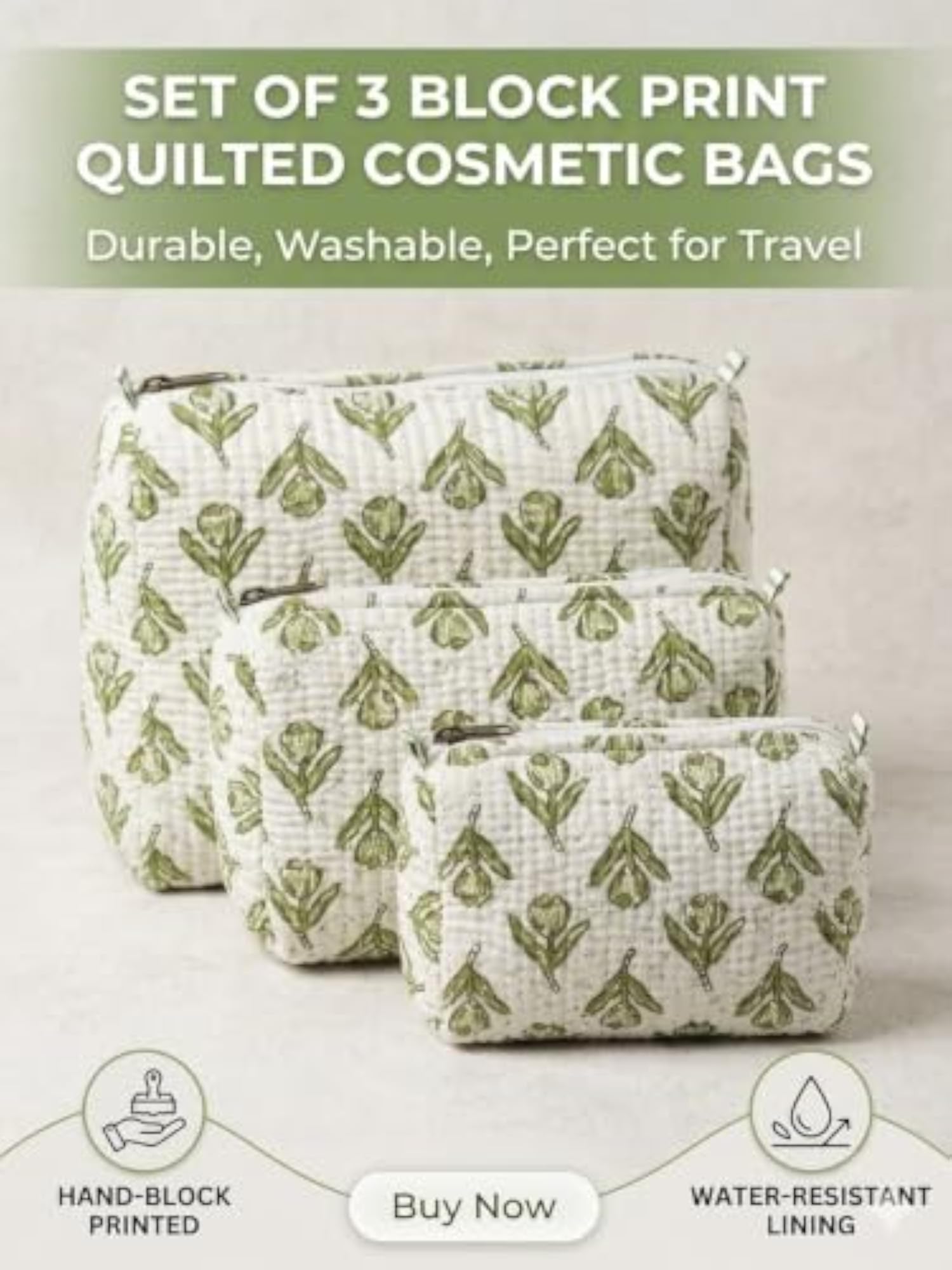 Quilted Block Print Cosmetic Pouch Set of 3 Cotton
