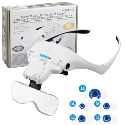 HOMGEN Headband Magnifier Rechargeable Head Magnifying Glass with 4 LED Lights and 5 Lenses 2 Ways of Wearing Head Magnifier with Touch Switch and Battery Indicator Light for Reading and Craft Works