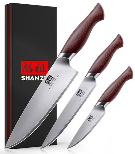 SHAN ZU Japanese Knife Set 3 PCs, High Carbon 10Cr15Mov Stainless Steel Chef Knife Set, Ultra-Sharp...