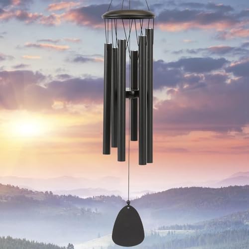 Windspiel Außen Aluminium, 66cm Klangspiel für Garten, Terrasse & Balkon, Elegante Garten-Deko für Zen-Atmosphäre, Windharfe mit Windfänger, Männer & Frauen, Schwarz