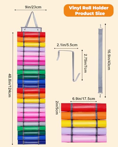 Image of UCEC Vinyl Roll Holder, 48 Compartments Vinyl Roll Storage, Hanging Vinyl Storage Organizer for Craft Paper Storage, Clear Organizers Wall Mount Gift Wrap Organizer with Hooks & Hanging Straps
