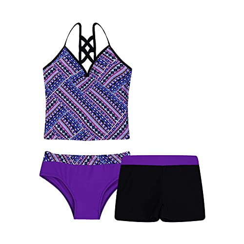 TTAO Kids Girls 3 Pieces Swimsuit Sleeveless Floral Print Tops with Shorts Bottoms Tankini Set Bathing Suit Purple Ethnic Patter 10 Years