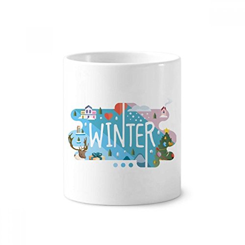 Tasse blanche céramique 350ml illustration hiver porte-stylo pinceau