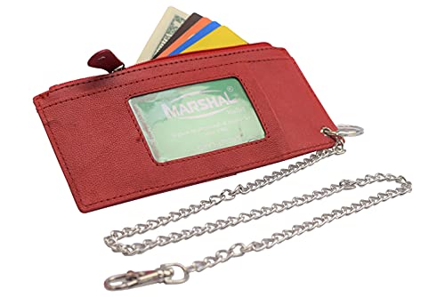 MARSHAL Women's Card Case Holder Slim Wallet with Chain & Card Protection Strap Genuine Leather (Red)4