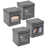 mDesign boite de rangement (lot de 4) – petit bac de rangement avec couvercle et hublot en plastique – panier de rangement carré pour ranger les vêtements dans la chambre – gris/noir