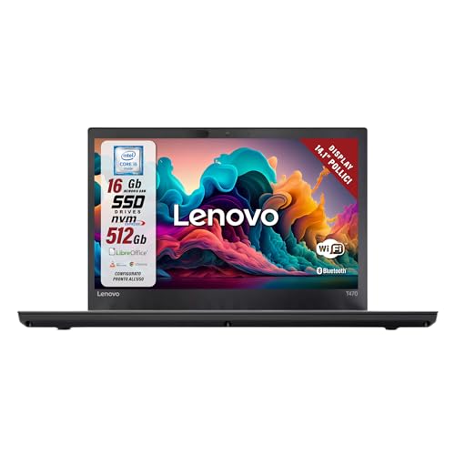 Lenovo ThinkPad, Pc Portatile Intel i5-6200U 2 Core 2.3Ghz, Ram 16Gb SSD 512Gb, Display 14.1" HD, Notebook Pronto all'uso con Libre Office (Ricondizionato)