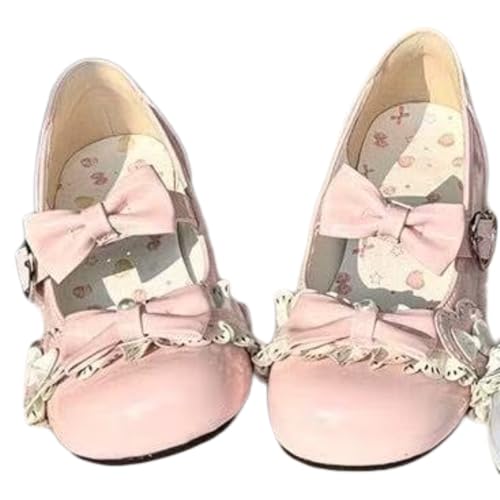 Women's Cute Round Toe Lolita Mary Jane Flats Sweet Japanese Kawaii Bow Vintage Low Heel Shoes Comfortable Casual Pumps