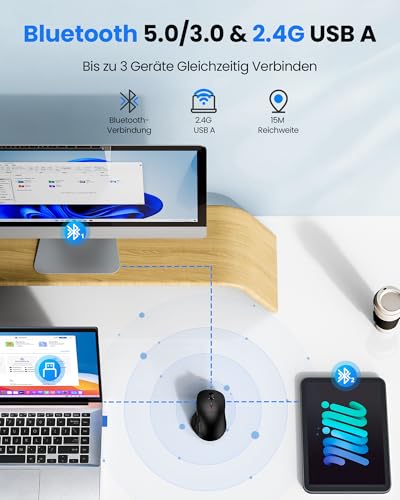 TECKNET Bluetooth Maus Wiederaufladbar, Maus Kabellos (Tri-Modi: BT5.0/3.0 + 2.4G) mit Ergonomische Daumenauflage, 4800 DPI Computer Leise Funkmaus für Laptop, PC, Mac OS, Android, Windows 3