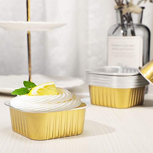Eusoar Square Baking Cups Aluminum Foil, 5Oz 50Pcs Disposable Ramekins Reusable Cupcake Cups With Lids, 150Ml Muffin Liners, Desserts Flans, Custard Cake Pudding Jello Cups, Catering Party Favor-Gold #TOP6