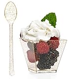 100 Mini Plastic Dessert Cups with Spoons - 2 oz Gold Glitter Dessert Shooters for Chocolate Desserts, Appetizers, Samplers, Shot Glasses & More