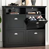 Loomie Shoe Cabinet with 4 Flip Drawers, Freestanding Shoe Storage Cabinet with Open Shelves, Hidden Slim Narrow Shoe Rack Cabinet, Shoe Organizer for Entryway, Foyer, Hallway (Black)