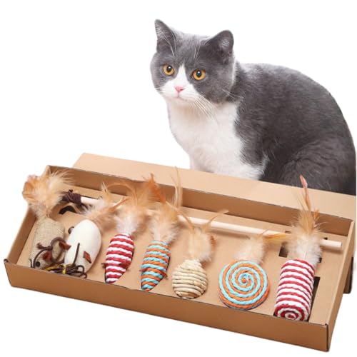 MANON ROSA Cat Toy Set 7PCS Interactive Teaser Wands with Feathers for Bored Indoor Adult Cats and Enrichment for Small Medium Large Kittens - Catch, Chew, and Exercise Fun