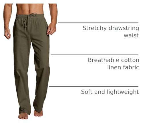 Image of PASLTER Mens Cotton Linen Pants Casual Summer Beach Pants Dress Trousers | Loose Fit, Elastic Drawstring Waist, Lightweight, Straight-Legs, Slacks, Yoga, Work, Vacation, Quick Dry