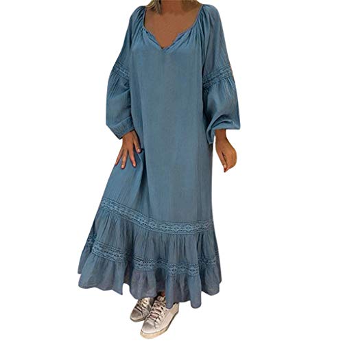 Dresses Pure Color, Womens Summer Holiday Lace Up Ladies O-Neck Pomisi Long Sleeve Beach Party Dress for Girls Kingwo (M-UK:10, Blue)