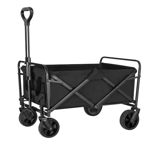Folding Wagon Cart Collapsible Outdoor Utility Wagon Heavy Duty Garden Carts Portable Grocery Wagon Adjustable Handle Beach Camping Wagon Carts with Cup HoldersÂ for Sports Shopping Garden