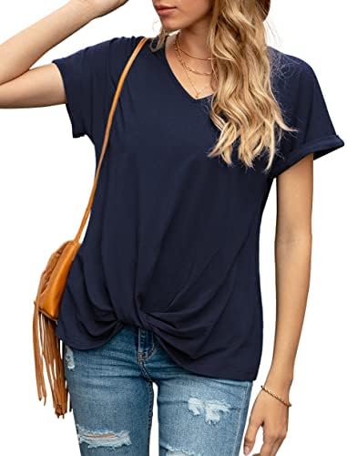 Iandroiy Women's Rolled Short Sleeve Casual Loose T Shirts Twist Knot Tunics Tops (Large, Navy Blue)