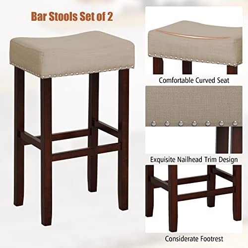 Image of COSTWAY Wooden Saddle Stools Set of 2, 29.5-inch Backless Counter Chairs with Nailhead Trim, Rubber Wood Frame, Footrest, Max Load 330 Lbs, Upholstered Bar Stools for Kitchen Island, Beige+Brown