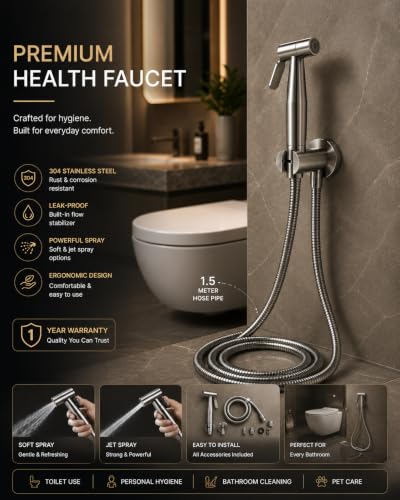 Image of Handheld Bidet Sprayer for Toilet, SS-304 Stainless Steel, Chrome Finish, with 1.5 Metre Kink-Free Hose Pipe, Leak-Proof