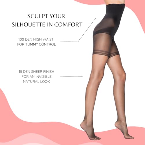 Image of PENTI Control Top Tights | Maximum Tummy Control Pantyhose 100 Den High Waist & 15 Den Sheer | Shaping Sheer Hose