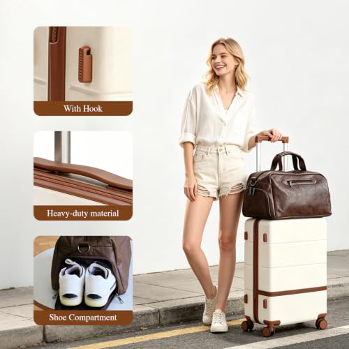 Maungti 4 Piece Luggage Set, 20/24 inchi Large Checked Hard Shell Suitcase with Spinner Wheels, Vintage PU Leather Weekender Duffel Bag TSA Travel Luggage Set for Family Long Trips (White) — view 2