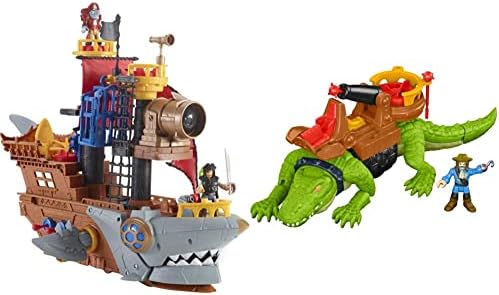 Imaginext Pirate Ship Playset with Shark Bite Action & Pirate Hook Figure Set with Projectile Launcher for Preschool Pretend Play Ages 3 Years and Up