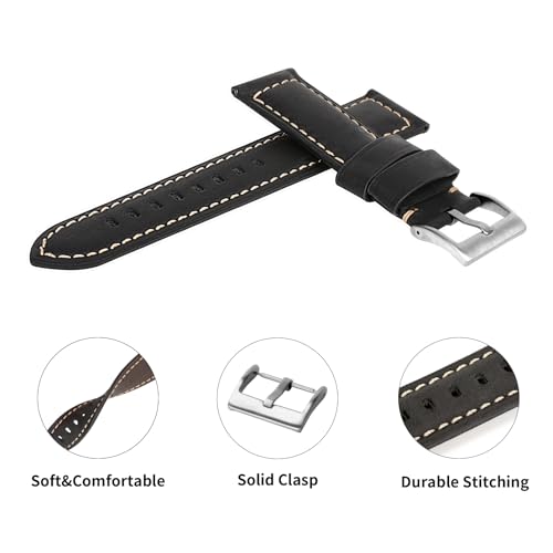تي ستراب سوار ساعة جلدي للرجال - سوار ساعة كلاسيكي ناعم وسميك اسود - سوار ساعة ذكية بديل - 20 ملم 22 ملم 24 ملم