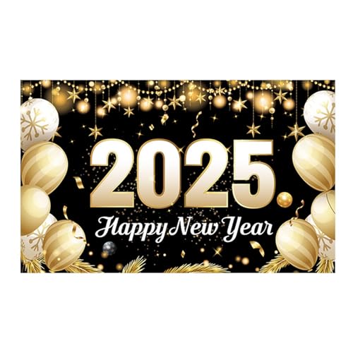 Happy New Years Banner, New Year Banner 2025, Decorations 2025 Banner, 2025 Banner For New Years Eve, Black And Gold Balloon Theme 70 X43 Inches NYE Banner, Parties Decorations Background