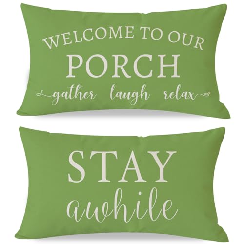 PANDICORN Welcome to Our Porch Stay Awhile Outdoor Lumbar Decorative Throw Pillow Covers 12x20 Inch Set of 2 Relax Spring Summer Patio Decoration for Home Couch Bench Decor, Lime Green