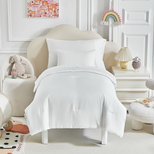 Image of Kids Comforter Sheet Set - Soft and Breathable Bed Set Includes Quilted Comforter, Fitted Sheet, Flat Top Sheet, Pillowcase and Toddler Pillowcase for Toddler - 5 Pieces Toddler Bedding Set White