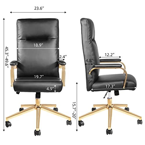 Toszn Black And Gold Office Chair, Office Chair Gold, Executive Office Chair With Back Support And Armrest, High Back Leather Office Chair For Women, Desk Chairs With Wheels And Gold Legs, Black #TOP2