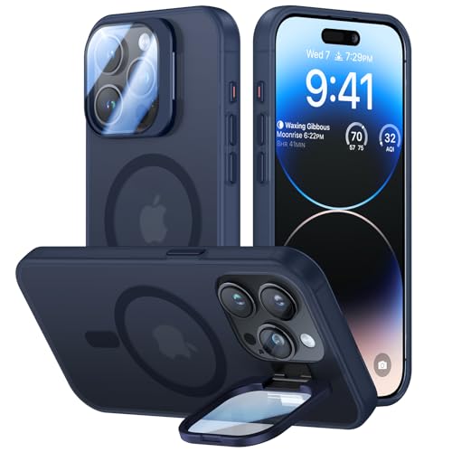 VOFATA for iPhone 15 Pro Max Case with Camera Cover Stand [Built-in 9H Camera Lens Protector][Fit for Magsafe] Military Grade Shockproof Translucent Matte Magnetic Phone Case 6.7", Blue