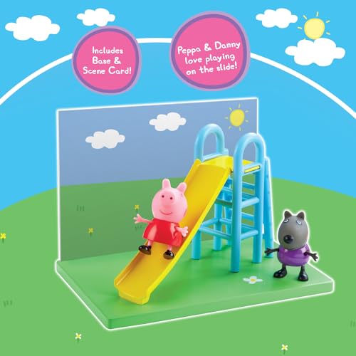 Image of Peppa Pig Playground Slide Themed Preschool Toy and Danny Dog, Includes 2 Poseable Figures,Playset Playground Slide Accessory and Scene Cards, Toy for Girls and Boys Ages 3+